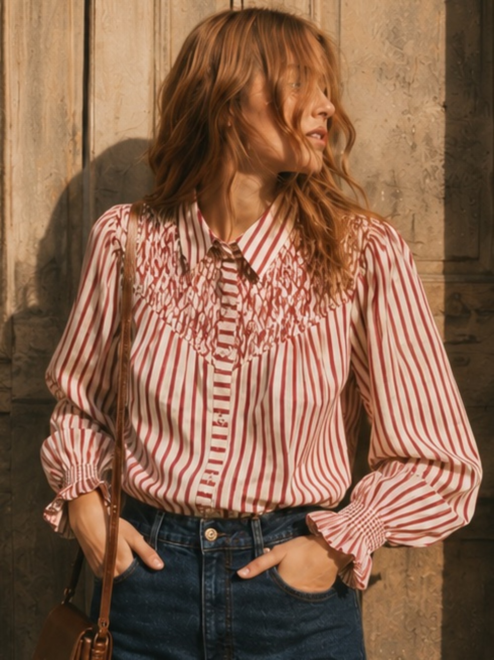 Red Stripe Smocked Yoke Button-Up Cotton Blouse